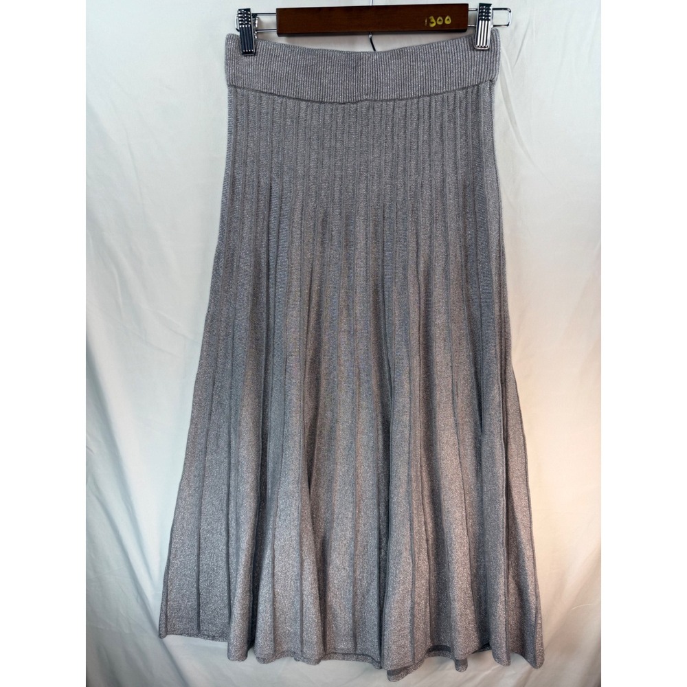 Ann Taylor Silver Metallic Pleated Sweater Skirt Midi Shimmer Knit XS
